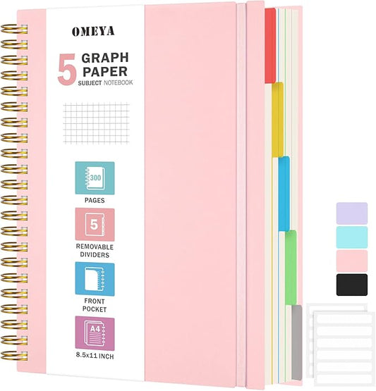 Graph Paper Notebook 8.5" X 11": 5 Subject Graphing Notebook with Removable Dividers, 300 Pages 100gsm Thick Spiral Grid Notebooks, 5x5 Graph Ruled Paper, Large A4 Math Journal for School Engineering