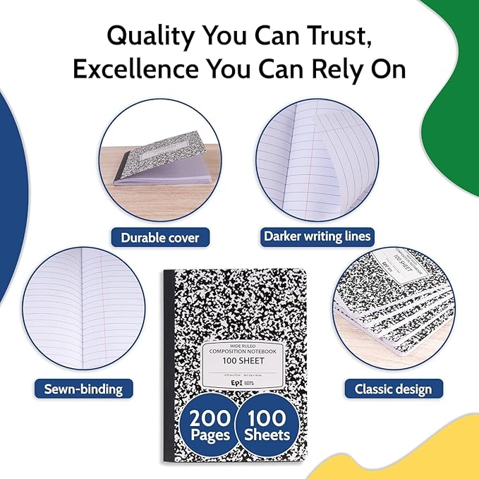 5040 Pack (Pallet) EPI Wide Ruled Composition Notebook Bulk, 200 pages (100 Sheets), 9-3/4 x 7-1/2, Black Marble, Bulk School Supplies, Heavy Duty, Durable Office Notebooks, Sturdy Sewn Binding