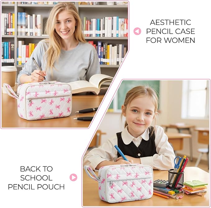 WOBAGMEN Quilted Pencil Pouch for Girls Women, Large Pencil Case Pouch with Compartments Cute Aesthetic Pencil Case Organizer, Floral Pencil Bag for School Supplies (Cute Pink Bow)