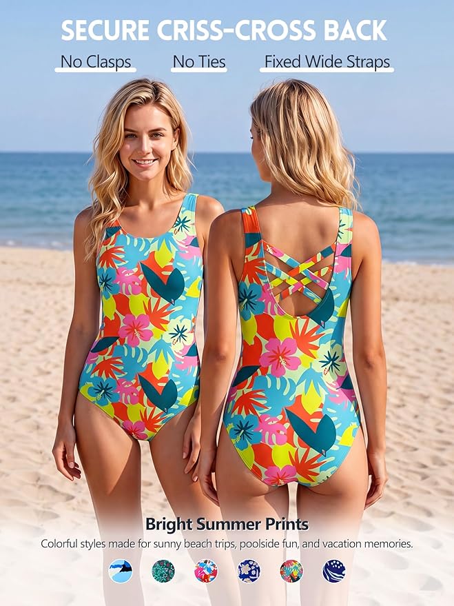 Modest Full Coverage One Piece Swimsuit Floral Bathing Suit Criss Cross Back Swimwear with Built-in Bra