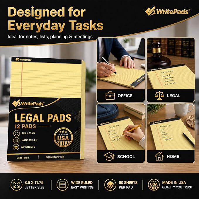 Legal Pads 8.5 x 11.75 Inch Wide Ruled Writing Pads, 12 Pack Note Pads - Yellow Perforated Paper with Hard Back, 50 Sheets Per Pad, No Bleed Notepad Paper for Office, School, Business MADE IN USA