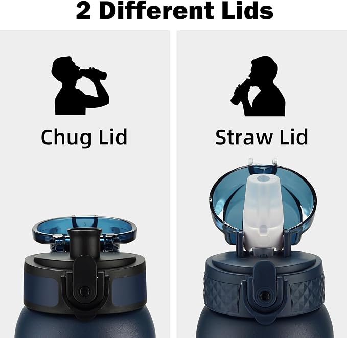 Oldley Insulated Water Bottle 12oz Water Bottles with Straw, Stainless Steel Water Bottle with 2 Lids, Double Wall Vacuum Bottels for Adults Kids,Leak-Proof Sport Bottles for School Travel, Navy Blue