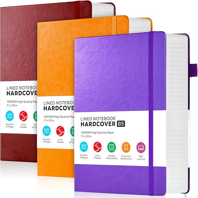 FOCUS DAY 3 Pack Journals Notebooks, B5(7.1'' X 10'') Thick Notebook Journal College Ruled Bulk, Large Hardcover Leather Bound Lined Notebook Journal Set for Women Men Work Writing, Multicolor