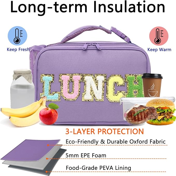 GYEUKHAM Insulated Lunch Box for School, Thermal Reusable Durable Freezable Lunch Bags for Kids Boys Girls Men Women - Small Soft Cooler Portable Lunch Tote Kit for Work Picnic Travel,Purple Alphabet