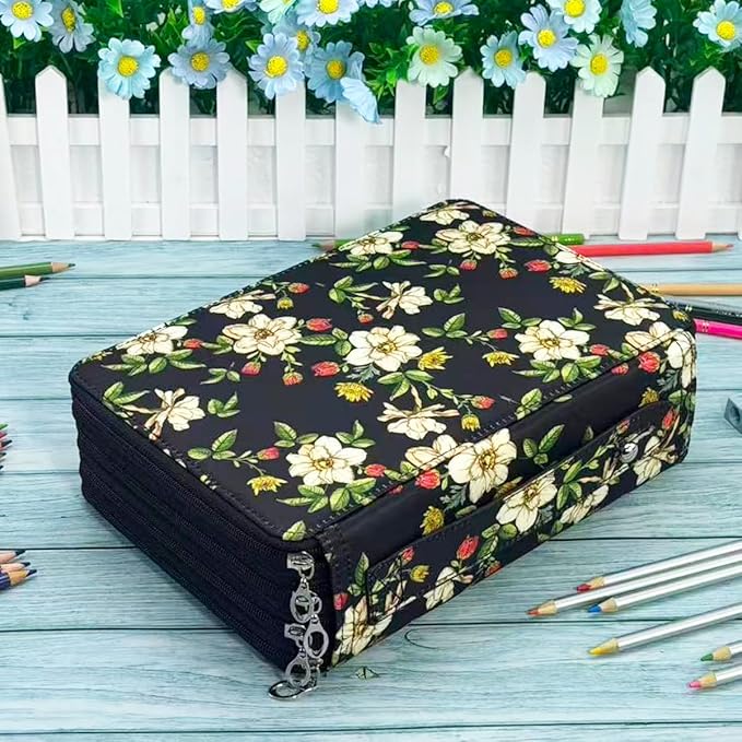 YOUNGCOL 200 Slots Colored Pencil Case Color Pencil Organizer Storage Large Capacity Pencil Case (Black + Retro Flower)
