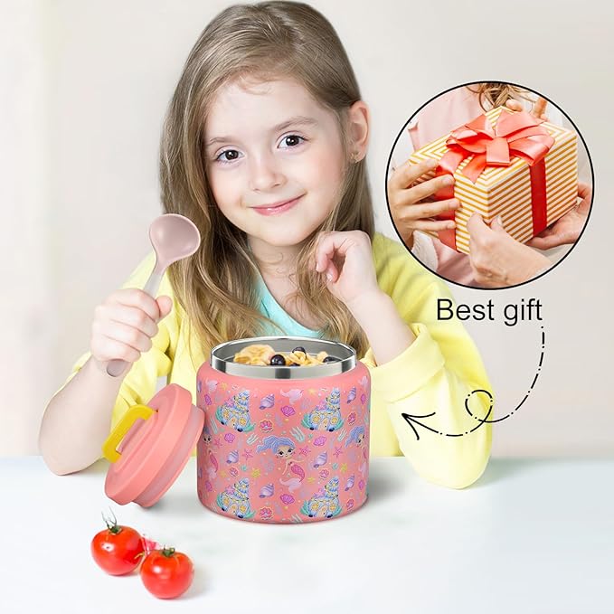 JXXM 13.5 Oz Thermo Food Jar for Hot & Cold Food for Kids, Insulated Lunch Containers Hot Food Jar,Leak-Proof Vacuum Stainless Steel Wide Mouth Lunch Soup Thermo for School (Mermaid)