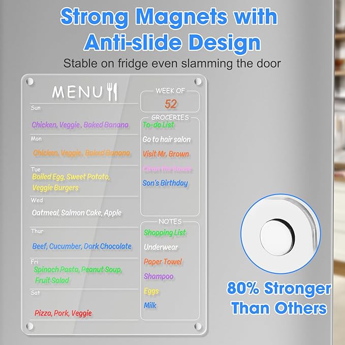 Acrylic Menu Board for Kitchen Weekly Meal Planner Magnetic Planning Board w/ 8 Markers, Clear Weekly Calendar for Fridge Refrigerator Dry Erase Board Noteboard to Do Grocery Shopping List, 12x9’’