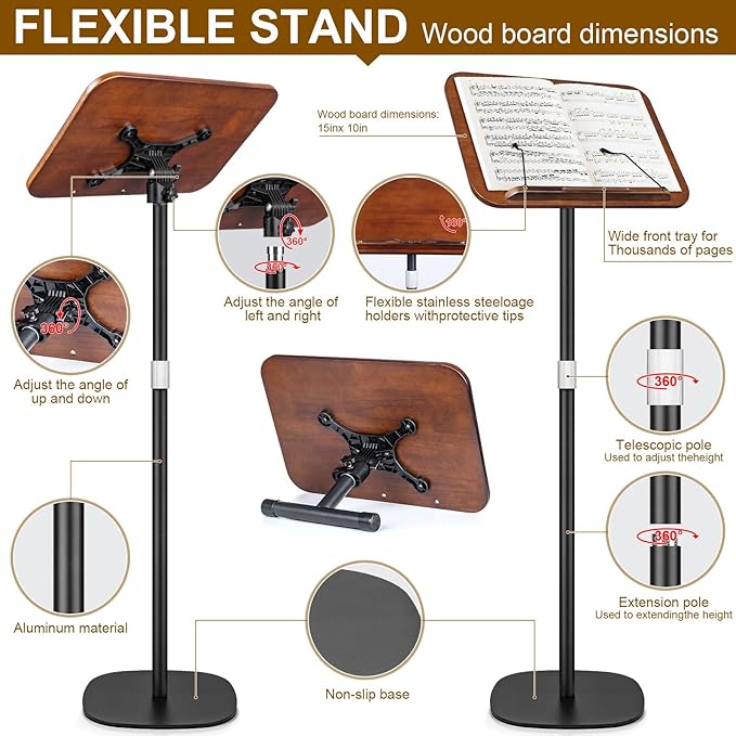 2 in 1 Dual-use Music Stand & Desktop Book Stand, Adjustable Height 16.5"-51", 100% Solid Wood Laptop Floor Stand Book Holder with Elastic Page Clips for Cookbooks, Sheet Music (Black Walnut)