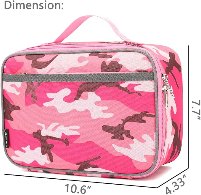 FlowFly Kids Lunch box Insulated Soft Bag Mini Cooler Back to School Thermal Meal Tote Kit for Girls, Boys, PinkCamo