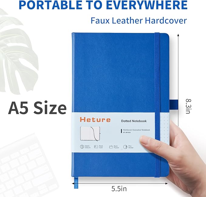 Heture Hardcover Dotted Notebooks, A5 Dotted Journal Notebook for Writing 160 Pages, 8.2 x 5.5 inch, Classic Dotted Notebooks for College/Work/Travel(Blue 3 Pack)