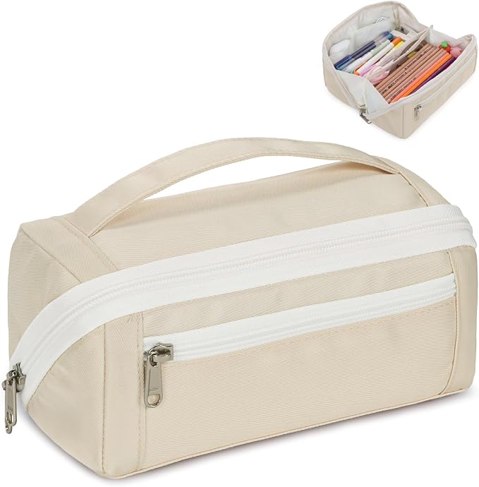 Large Pencil Pouch for Teen Girls, 8 Compartments, Cream White | Large capacity pencil case, wide-opening organizer fits calculators, markers, pens; for middle school, high school, college