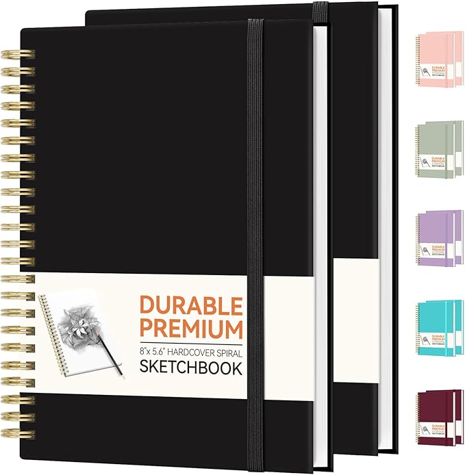 Forvencer 2 Pack Blank Spiral Notebook, 8"x 5.6"Hardcover Sketch Book, 100GSM Thick Paper, Art Sketchbook for Women & Adult, 100 pages / 50 Sheets Drawing Book Journal for School Office Drawing, Black