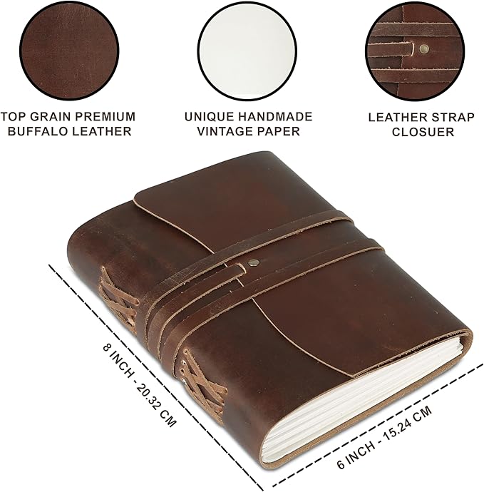 KomalC Dark Tan Leather Journal 7x5 | Handmade Vintage Notebook with Unlined Pages | Rustic Cotton Paper | Antique-Style Travel Diary & Sketchbook for Men & Women