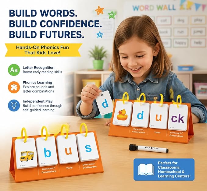 Alened Phonics Flash Cards for Kids 3-8, Sight Words Flash Cards for Kindergarten 1st 2nd 3rd Grade, CVC CVCC CCVC Word Builder, Homeschool & Classroom Phonics Learning Supplies