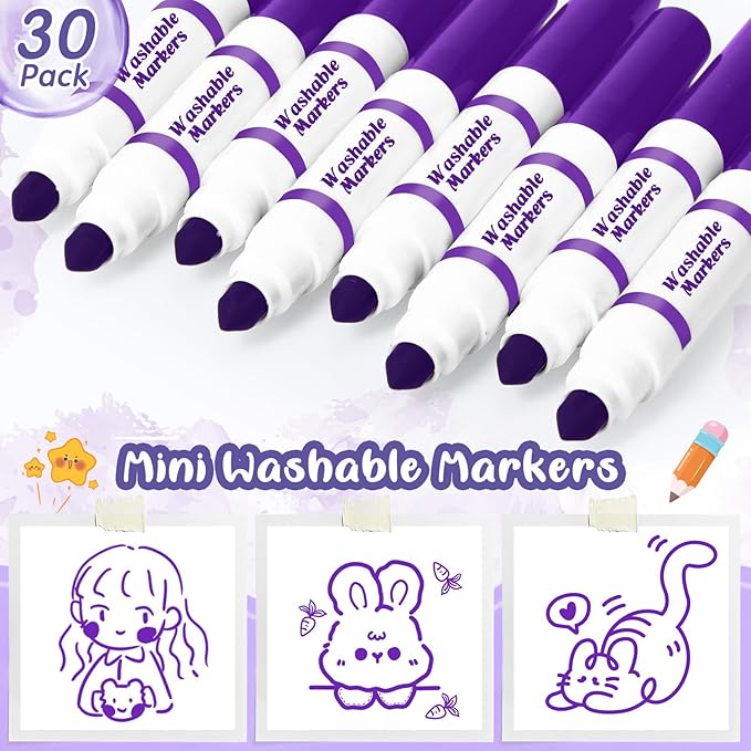 30 Pcs Mini Washable Markers Bulk Broad Line Conical Tip Washable Mark Pen Set Short Coloring Paint Pen for Kid Art Projects Teacher Student Toddler Party Favors Classroom, Ages 6+(Purple)