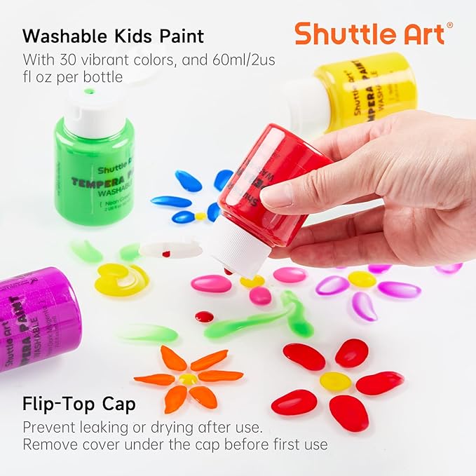 Shuttle Art Tempera Paint, 30 Colors (2 fl oz) Washable Paint for Kids with Glitter Metallic Neon Colors, Non-toxic Finger Painting for Toddlers
