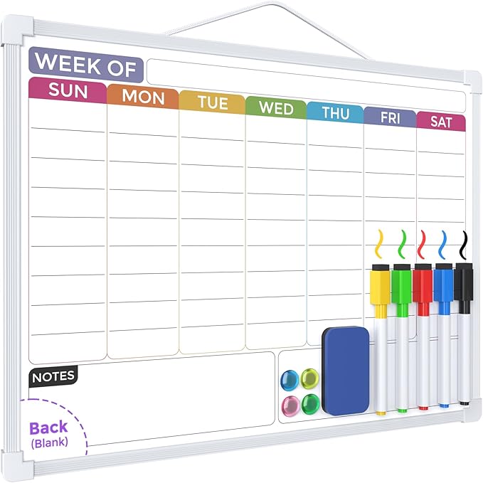 MaxGear Weekly Calendar Dry Erase Board for Wall, 16"x12" Small Hanging Double-Sided White Board with 5 Markers & 4 Magnets, Portable Whiteboard for Students - Planning, Drawing, Memo, to Do List