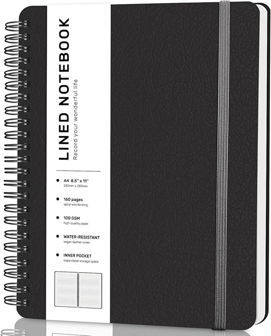 ABERLLS Lined Spiral Journal Notebook with 160 Pages, 8.5×11in, A4 Spiral Notebook, Journaling Notebooks for Work, School, Women, Men, College Ruled Spiral Notebook, Hardcover Leather Journals, Black