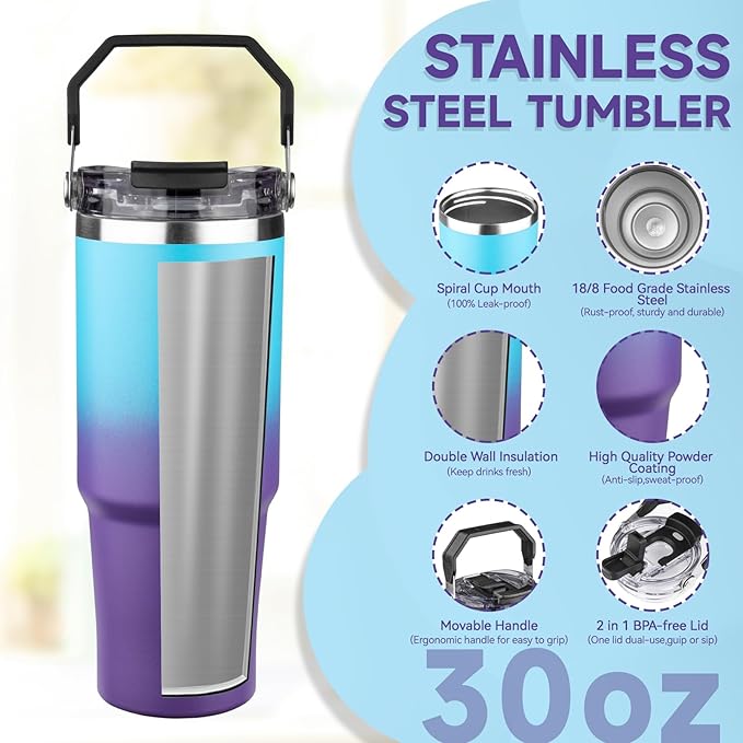 30oz Tumbler with Handle and Flip Straw Lid Double Wall Insulated Travel Coffee Mug Stainless Steel Vacuum Insulated Coffee Tumbler Cup for Hot and Cold Beverages,Leak-proof&BPA-free（30oz,Blue Purple）