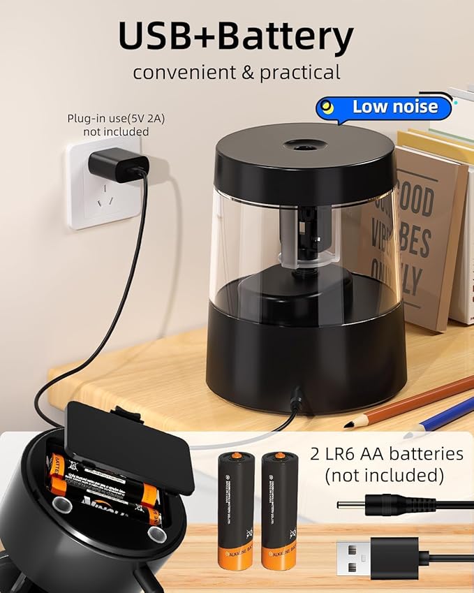 ZMOL Electric Pencil Sharpener for Kids - 3 Modes, Battery Powered & USB, Tungsten Steel, Fast Sharpening for Colored Pencil No.2, Classroom Office Home, 6-8mm, Black