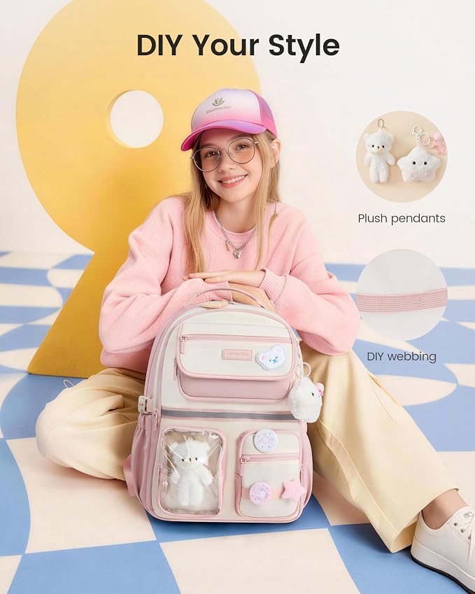 LOVEVOOK School Backpack for Girls, Cute Bookbag for Teen 8-16, DIY Friendly 15.6" Laptop Backpack for Middle High College Student Back to School, Bag with Water Bottle Pocket for Travel, Khaki