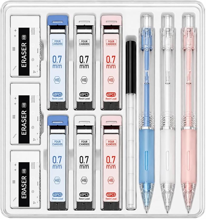 Four Candies Cute Mechanical Pencil Set, 3-Pack 0.7mm | 360 Lead Refills, 3 Erasers, 9 Eraser Refills, Non-Slip Rubber Grips, Aesthetic Design, for Daily Writing and Drawing