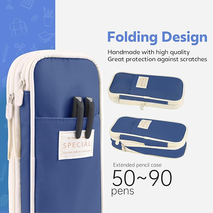 Pencil Case, Large Capacity Aesthetic Pencil Cases with Durable Zipper, Big Stationery Pencil Pouch for Women & Men , Adults Portable Storage Organizer Bag for College, office, Travel (Dark Blue)