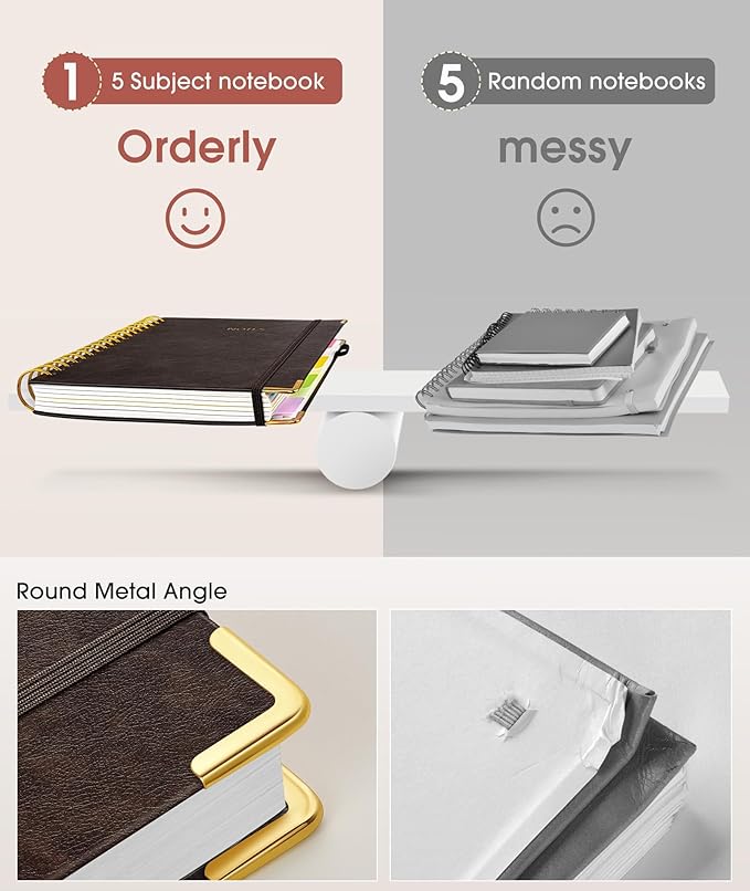 Hardcover Spiral Notebook 8.5"x11" Journal with Removable Dividers Tabs, 300 Pages Leather 5 Subject Notebook College Ruled, Large A4 Notebooks for Work School, Lined Journal for Women, A4 Brown