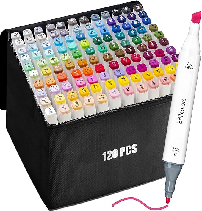 Brillcolors 120 Colors Alcohol Markers Set with Base Dual Tip Drawing Markers for Comics Coloring Sketching Illustration (120 White) -Refillable