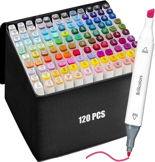 Brillcolors 120 Colors Alcohol Markers Set with Base Dual Tip Drawing Markers for Comics Coloring Sketching Illustration (120 White) -Refillable