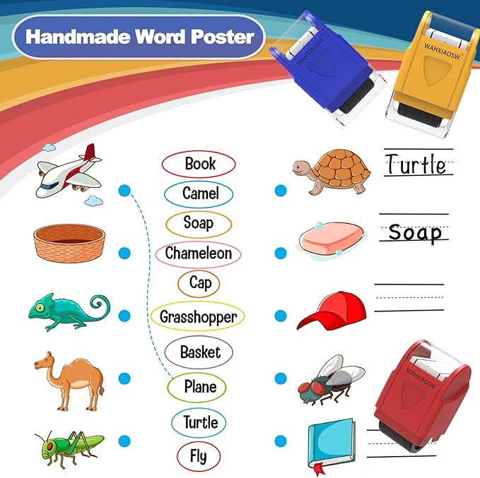 Handwriting Lines Stamp Roller Self-Inking Line Rolling Stamps Handwriting Practice Tool for Teachers Kids Kindergarten (Pink+Purple)