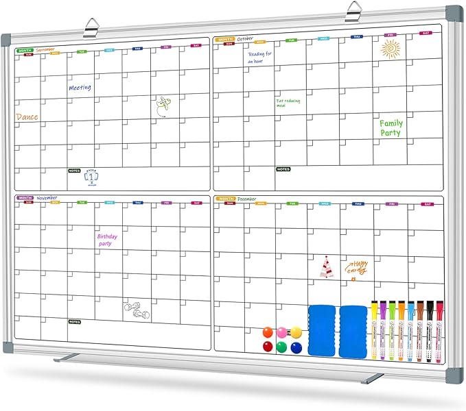 Calendar Whiteboard for Wall 36" x 24", 4 Month Magnetic Calendar Dry Erase Board, Planning Board Bulletin Board Portable Board for Office, School, Home Organization