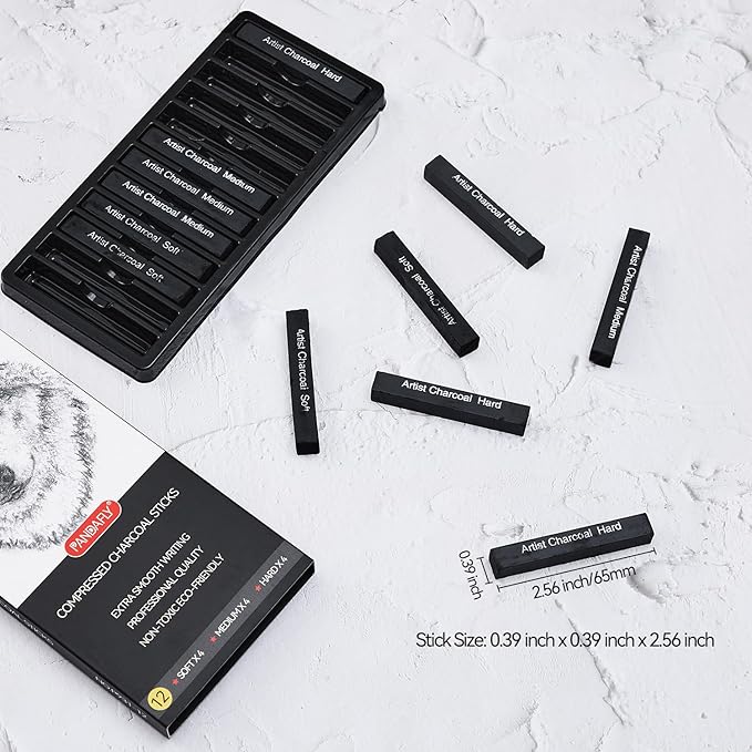 PANDAFLY Compressed Charcoal Sticks, 12 Pieces (Soft, Medium, Hard) Square Vine Charcoal Sticks for Drawing, Sketching, Shading, Charcoal Drawing Set for Beginners & Pro Artists