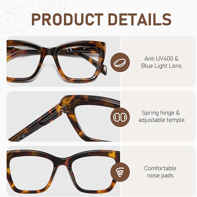 LKEYE Oversized Reading Glasses Women Men Oprah Style Blue Light Blocking Computer Square Reader Spring Hinge Eyewear LK6085