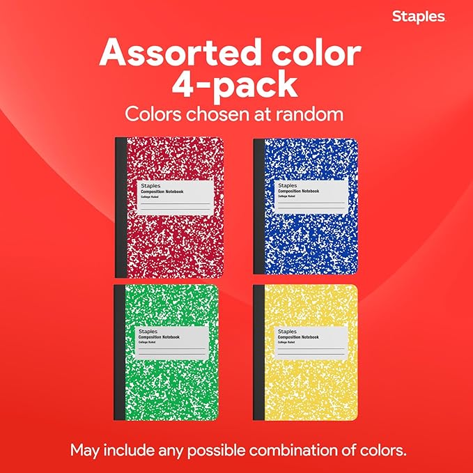 STAPLES Composition Notebook, College Ruled, 100 Sheets, Assorted Colors, 4‑Pack