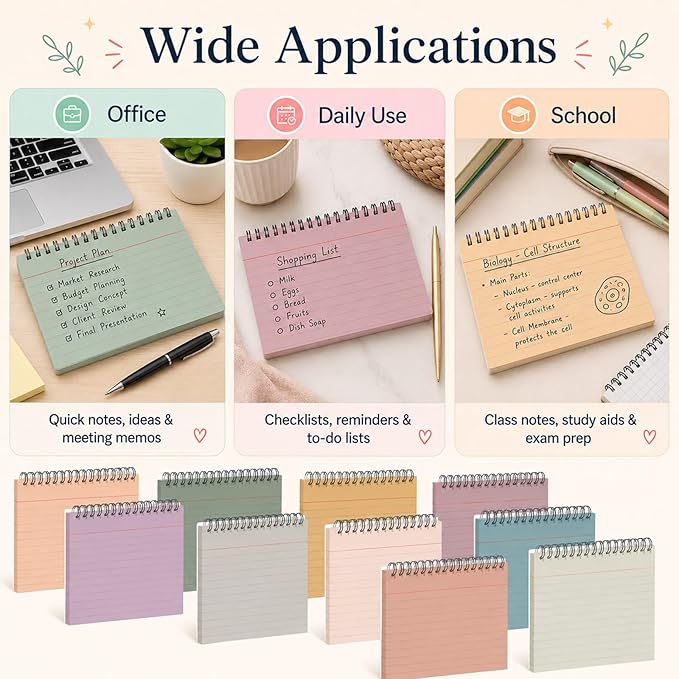 12 Packs Large Index Cards with Ring set 4x6 Colored College Ruled Notecards with Waterproof Covers Spiral Flashcards Spiral Index Card Set for Studying School Office Home Supplies(Vintage)