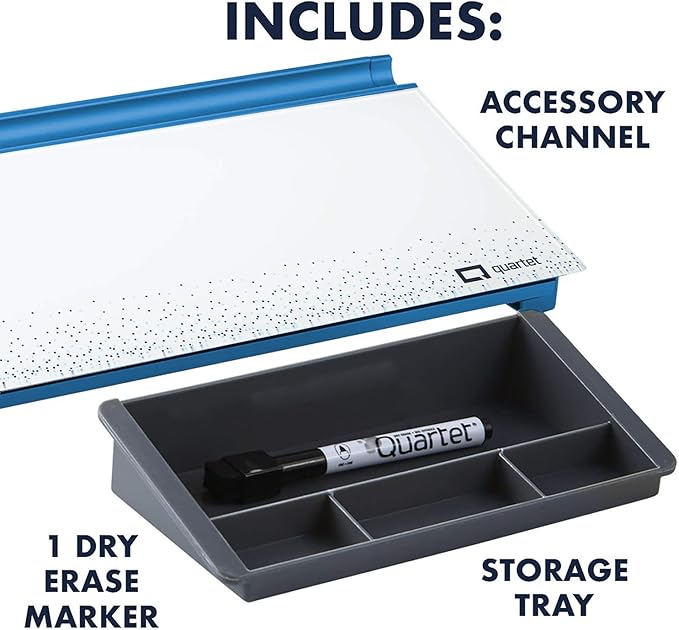Quartet Glass Dry Erase White Board 18"W x 6"H, Compact Desktop Whiteboard with Storage Drawer, Dotted (GDP186D)