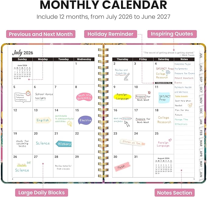 Planner 2026-2027, Academic Planner Weekly and Monthly, Jul 2026 - Jun 2027, Spiral Bound School Planning Tool with Tabs and Pocket, Perfect for Students & Teacher, 6.3" x 8.5", Fox Hollow