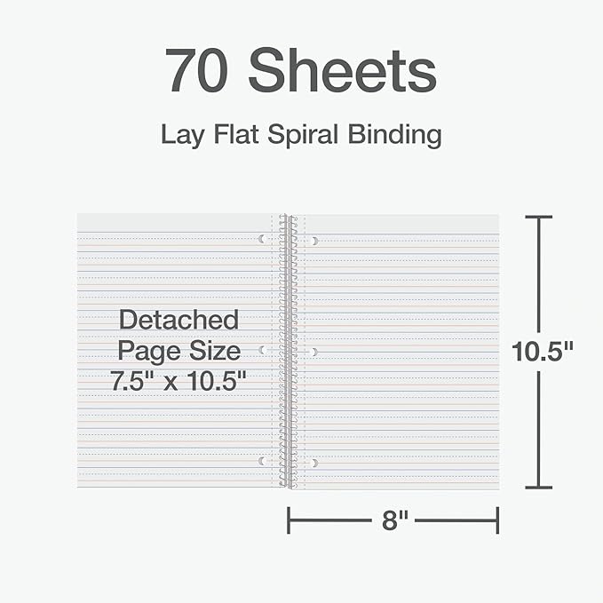 Oxford Primary Ruled Spiral Notebooks, Writing/Drawing Practice for Kids, Grades Pre-K, K-2, 70 Sheets, 8 x 10.5 Inches, Black, (1002542),(Pack of 24)