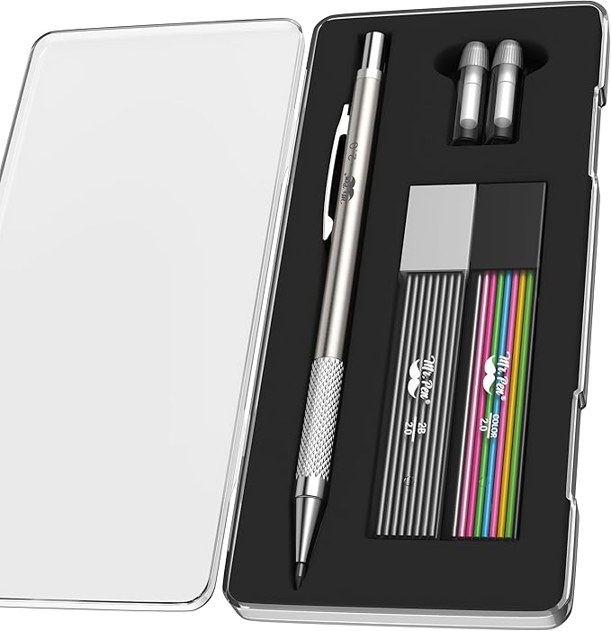Mr. Pen- Metal Mechanical Pencil Set with Lead Refills & Erasers, 2mm, HB & Colored Lead Refills, 4x Eraser Refills for School Supplies, Note Taking, Drawing, Sketching, Office