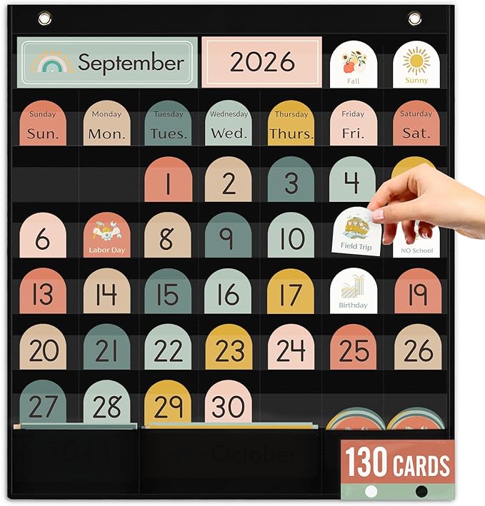 Classroom Monthly Calendar Pocket Chart for Kids Learning, 105 Cards Black Wall Calendar and Weather, Teacher Supplies for Kindergarten Preschool Elementary Homeschool Must Have