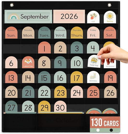 Classroom Monthly Calendar Pocket Chart for Kids Learning, 105 Cards Black Wall Calendar and Weather, Teacher Supplies for Kindergarten Preschool Elementary Homeschool Must Have