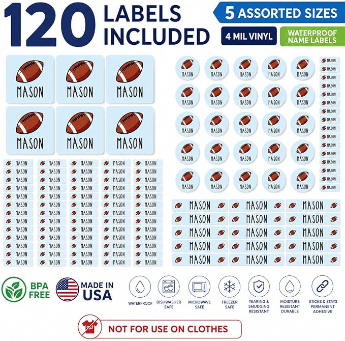 Andaz Press Custom Personalized Waterproof School Name Labels, Football, 120-Pack, Kids Labels Combo Pack, Customizable Multi-Use Name Stickers for Preschool, Daycare, Supplies, Office, Water Bottle