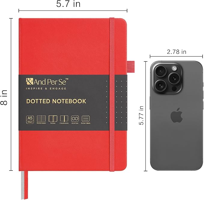&And Per Se Dotted Journal Notebook, A5 Hardcover Leather Dotted Journal, 160 Pages 100gsm Thick Dot Grid Paper, 3 Sheets of Stickers Included - 5.7'' x 8'' (Red)