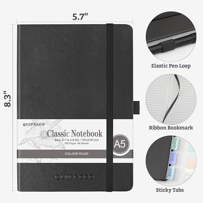 2Pack Lined Hardcover Journal Notebook, A5 192 Pages 100Gsm Thick Paper College Ruled for School,Note Taking,Work,Diary，5.7''*8.3'',Black