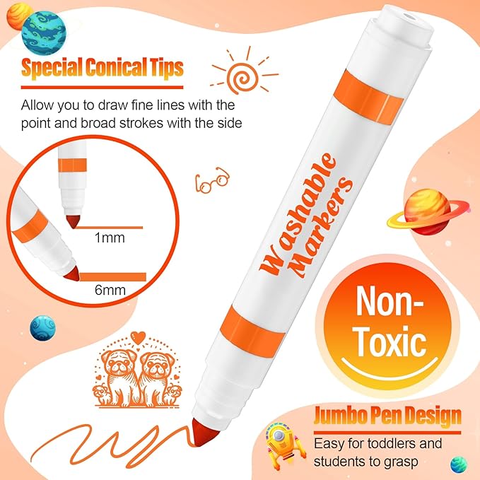 24 Pcs Washable Markers Bulk Broad Line Markers Coloring Conical Tip Large pens for Kids art projects, Teachers, Students, Toddlers, Party Favors, Classrooms, Donations(Orange)