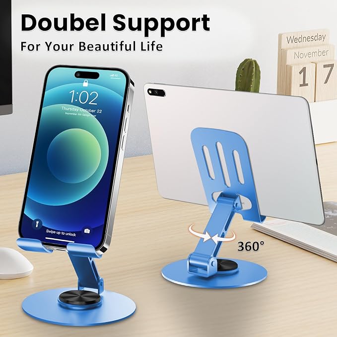 Universal Metal Cell Phone Stand, Multi-Angel Adjustable 360° Rotation Non-Slip Metal Phone Stand Compatible with iPhone 17 16 Pro Max and All Smartphones (Blue)