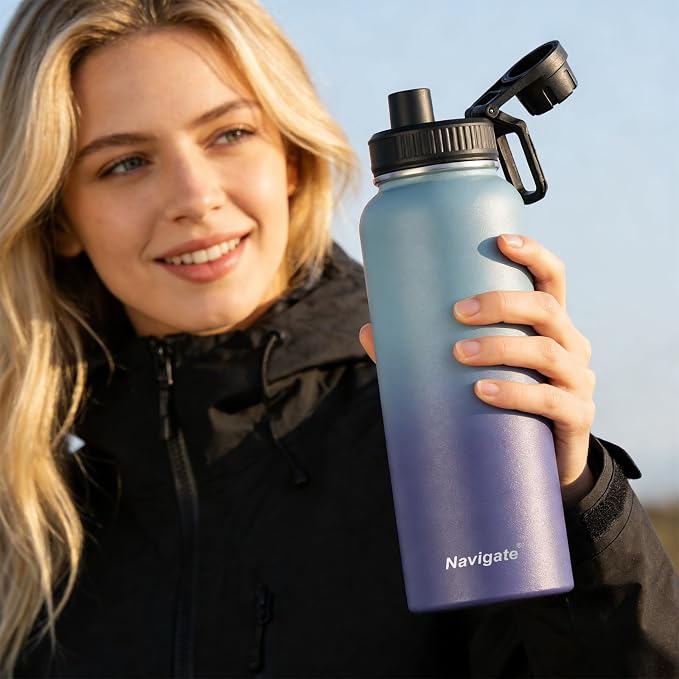 Navigate 40 oz Insulated Stainless Steel Sports Water Bottle with Spout & Handle Lids,Wide Mouth Water Jug with Double Walled Leak Proof Keep Cold for 24 Hrs Hot for 12 Hrs, Blue Gradient