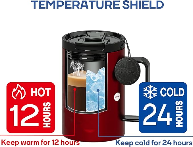 18 oz Stainless Steel Insulated Coffee Mug with Handle and Lid, Double Wall Vacuum Travel Mug, Tumbler Cup with Sliding Lid, Resuable Insulated Coffee Tumbler, Red