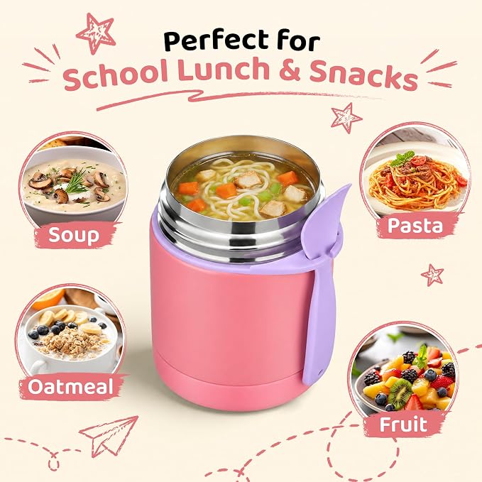 Pawtong 10oz Insulated Food Jar, Thermo for Hot Food Lunch Container, Stainless Steel Lunch Box for Kids with Spoon (Pink)